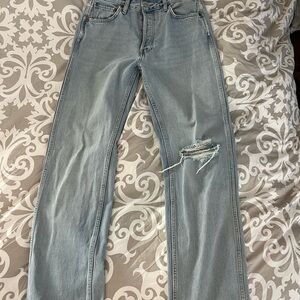 Re/Done Blue Straight Jeans with Distressed Knee